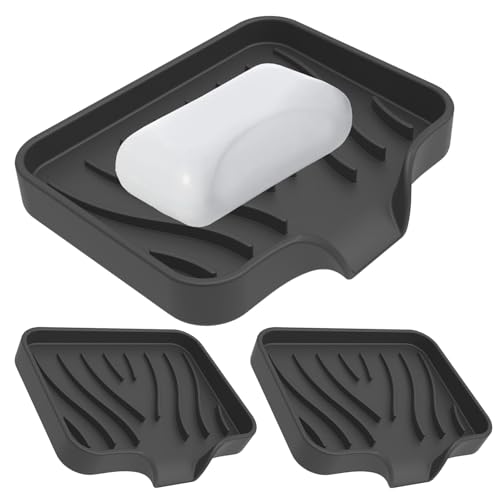 Penbin 2 Pack Silicone Soap Dish with Drain Bar Soap Holder for Shower & Bathroom Self Draining Waterfall Soap Tray for Kitchen Sink Non-Slip & Easy to Clean (Black)