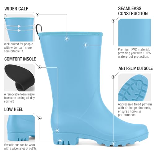 Image of HISEA Women Rubber Boots Wide Calf Rain Boots Matte Surface Waterproof PVC Rubber Rain Boot Mid Height Rain Shoes for Outdoor Gardening Work Walking