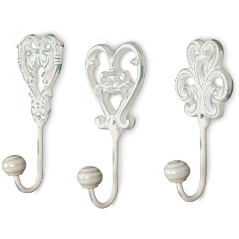 3tlg. Haken 3er Set Wandhaken weiß grau Kleiderhaken Haken Wandgarderobe Garderobenhaken Garderobe Eisen Shabby Chic Landhaus Vintage Nostalgie Antik Ornamente Barock Cover