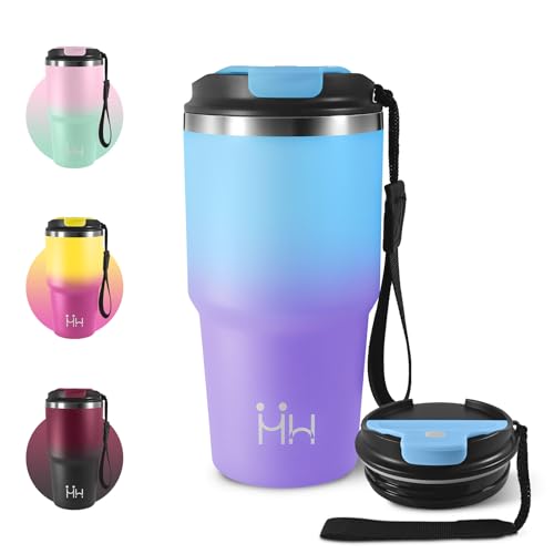 Taza Térmica 600ml, Reutilizable Vaso Termo Cafe para llevar con Tapa, Doble Pared Vaso Termico, Termo de Acero Inoxidable con Doble Pared Aislante, para Coche, Camping, Caliente, Leche y Té, Yoga