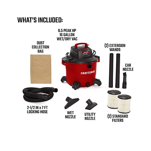 Craftsman CMXEVBE17595 16 Gallon 6.5 Peak HP Wet/Dry Vac, Heavy-Duty Shop Vacuum with Attachments and Additional General Purpose Filter - Image 5