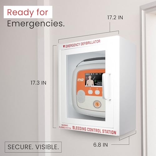 Image of AED Wall Mounted Cabinet with Bleeding Control Kit Storage, AED defibrillator for home, Large 17.4x17.3x6.9 Inch, Durable Metal Cabinet with Clear Window & Door Activated Alarm, AED cabinet wall mount