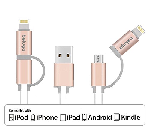 iPhone 7/6s/6/SE/5s Cable, BELUGA® 3.2ft Duo 2-in-1, Lightning Cable with 8 Pin & Micro USB Connectors for iPhone 6S/SE/6/5S, iPad Air, iPod 5, Samsung, HTC, Motorola, Nokia [Gold]