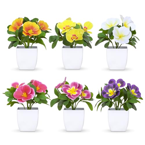 biilog Artificial Pansy Flowers in Pots (6 Pack) – Mini Faux Plants for Bathroom Decor, Office Desk & Home – Small Artificial Plants in Pots