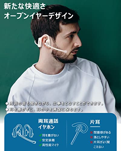 Earaku(イアラク) Bluetoothヘッドセット 通話用イヤホン 両耳 耳掛け 空気伝導 ヘッドセット マイク付き Bluetooth5.3 AAC対応 ミュート機能 ENCノイズキャンセリング 耳を塞がない 軽量32g 耳掛け式イヤホン ハンズフリー通話 在宅勤務/運転/オンライン会議/テレワーク用 IPX5防水 装着感快適 iOS/Android/PC/Windows対応 (ホワイト)