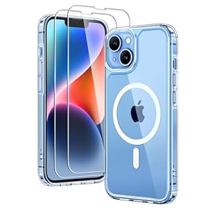 TAURI 3 in 1 Magnetic for iPhone 13 Case, [Compatible with MagSafe] [with 2X Screen Protectors] Not-Yellowing, Military-Grade Protection Slim Phone Case for 13 Cover, Clear, 6.1″