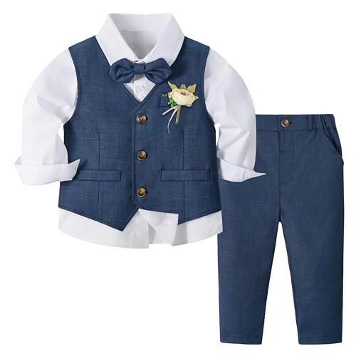 Volunboy Baby Jungen Anzug, Kinder Anzugweste Festliche Hochzeit Kleidung Bekleidung Set 4tlg (3-4 Jahre, Marine Blau, Größe 110)