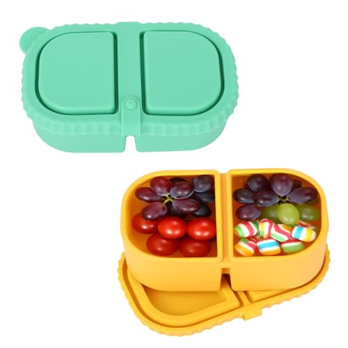 lasuroa 2uds Doble Compartimento Recipientes para Aperitivos con Tapa, Reutilizables Silicona Caja de Snacks Recipientes Almacenar Alimentos a Prueba Fugas para Salsas Condimentos Ensaladas