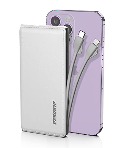 Alongza Portable Charger Power Bank 10000mAh, Portable Charger Built in Cable USB Battery Pack, Slim External Backup Battery Charger with Cable, Travel Charger Compatible with iPhone and Android