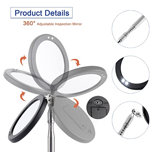 Rechabite Telescoping Inspection Mirror Led Light With Large 3.75 Inches Round Mirror, 39.4 Inches Extendable, Flexible 360 Swivel, For Inspection Viewing, Mechanic Checking, Observation #TOP2