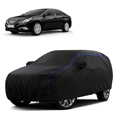 Image of Sulfar 100% Water Resistant Car Body Cover Compatible with Mirror for Hyundai Sonata Transform (Triple Stitched, Full Bottom Elastic, Black Tafetta with Blue Piping)