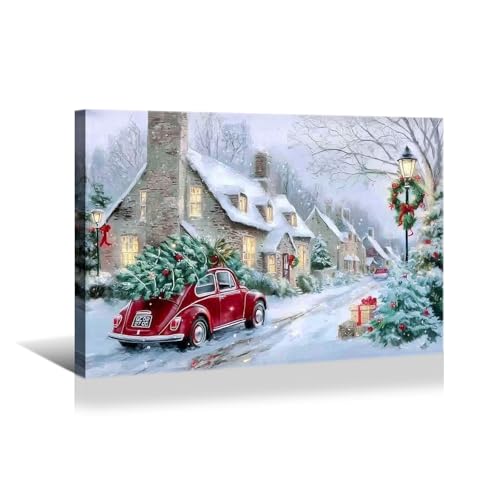YONICA Vintage Red Truck Christmas Canvas Wall Art 36x24 Inches