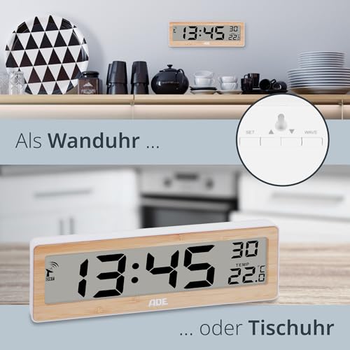 ADE Digitale Funkuhr Wohnzimmer mit Temperaturanzeige | sehr große Ziffern | gut ablesbares Display | Rahmen aus echtem Bambus