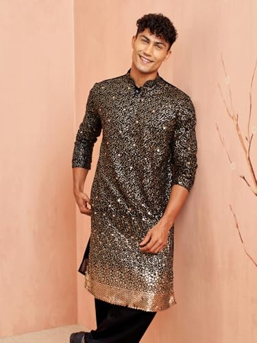 VASTRAMAY Men's Black Georgette Sequin Kurta - Image 3