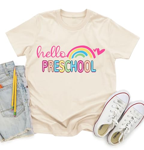 OCURHU First Day of Preschool Shirt Girls Boys Funny Rainbow Graphic Tshirt Back to School Gifts for Kids Apricot 4-5T