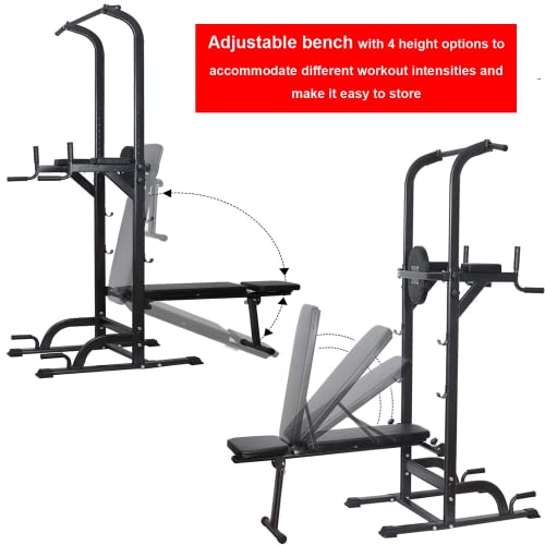VIVITORY Power Tower Dip Station, 800lbs Weight Capacity Workout Station with Bench, Height Adjustable Pull Up Tower for Home Office Gym Strength Training Exercise Workout Equipment