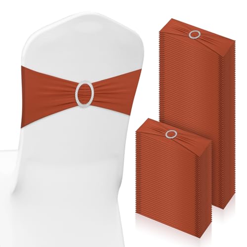 CHENGU 150 Pieces Spandex Stretch Chair Sashes Bows Elastic Chair Cover Bands Ties with Buckle Slider for Wedding Party Reception Events Universal Ceremony Banquet Decorations (Terracotta)