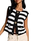 Womens Stripped Sleeveless Knit Sweater Vest Button Down Crop Tops with Pockets Black