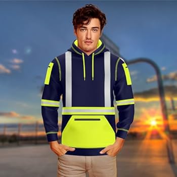 NOROZE Heren Hi-Viz rits Hoodie Reflecterende Tape Hoge Zichtbaarheid Veiligheidsjas met Ritsen Utility Telefoon & Gadget Zakken Sweatshirt Top Jacket UK Maat S-XXL, Stijl 1: Neon Oranje/Navy, L