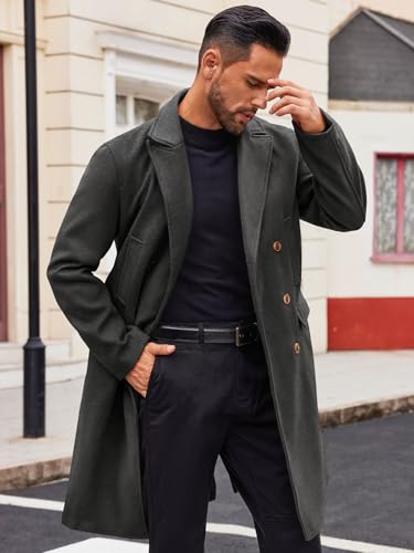 Runcati Mens Trench Coat Notch Lapel Slim Fit Double Breasted Casual Long Business Pea Coat Overcoat3