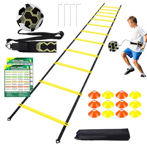 KQWVZ Fußball Trainingszubehör Koordinationsleiter Trainingsleiter, Fußball Trainingsset Kinder Koordinationsleiter Trainingsleiter mit 12 Hütchen 4 Pfählen, Fußball Trainingsset Equipment Zubehör