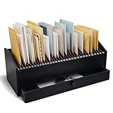 Teecyhooo Wood Desktop Organizer with Drawer, 17 Inch 32 Section Bill & Mail & File Organizer Storage for Office Desk, Desktop Mail Holder and Office Supplies Storage, Letter and Paper Sorter