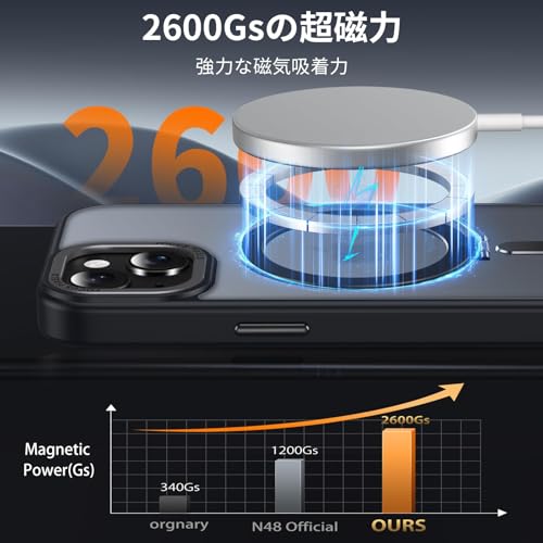 iPhone 14 用 ケース MagSafe対応 アイフォン14 スタンド機能 OURJOY スマホケース 米軍規格取得 耐衝撃 カメラレンズ保護 あいほん14 半透明 携帯ケース ワイアレス充電 ストラップホール付き • ブラック