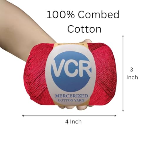 Image of VCR 4 Ply Cherry Red 100% Mercerized Cotton Yarn, 60 Grams Hank, 190 Meters Length, Cotton Combed Ball, Smooth and Glossy Crochet Yarn for Crochet and Knitting, Pack of 1, Suitable for DIY Crafts