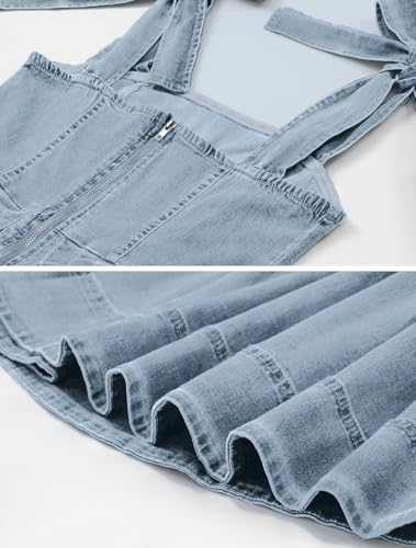 Image of Women's Summer Tie Shoulder Sleeveless Denim Mini Dress Casual Flowy Swing Pleated Short Denim Dress