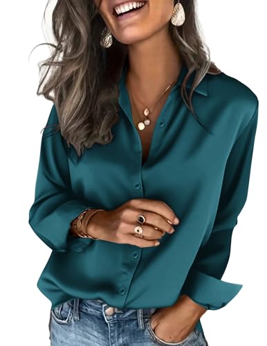 Zeagoo Satin Blouses for Women Silk Button Down Shirts Long Sleeve Business Casual Tops Teal Blue