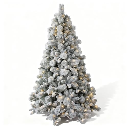7Ft/2.1M Pre-Lit Snowy Helsinki Fir Snow Covered Flocked Luxurious Artificial Green Christmas Tree Bushy Xmas Holiday Home Decoration Warm White LED Lights Last Up To 50,000 hrs