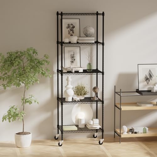 Image of 5 Tier Storage Shelves with Wheels, Heavy Duty Metal Garage Shelving Unit and Adjustable Feet, 865lb High Capacity Rolling Storage Shelf for Kitchen, Office, Dining Room (23.6 inchx 17.7 inchx 72 inch), Black