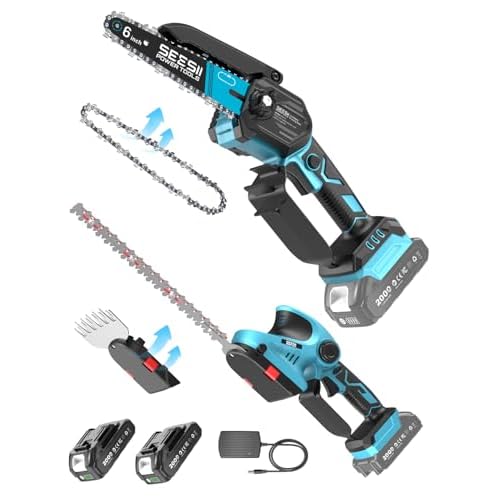 SEESII 3-in-1 Motosega a Batteria & Tagliasiepi & Forbici Tagliaerba Set, 600W Mini Motosega con 2*2000 mAh Batterie, Sistema Combinato Leggero per Po