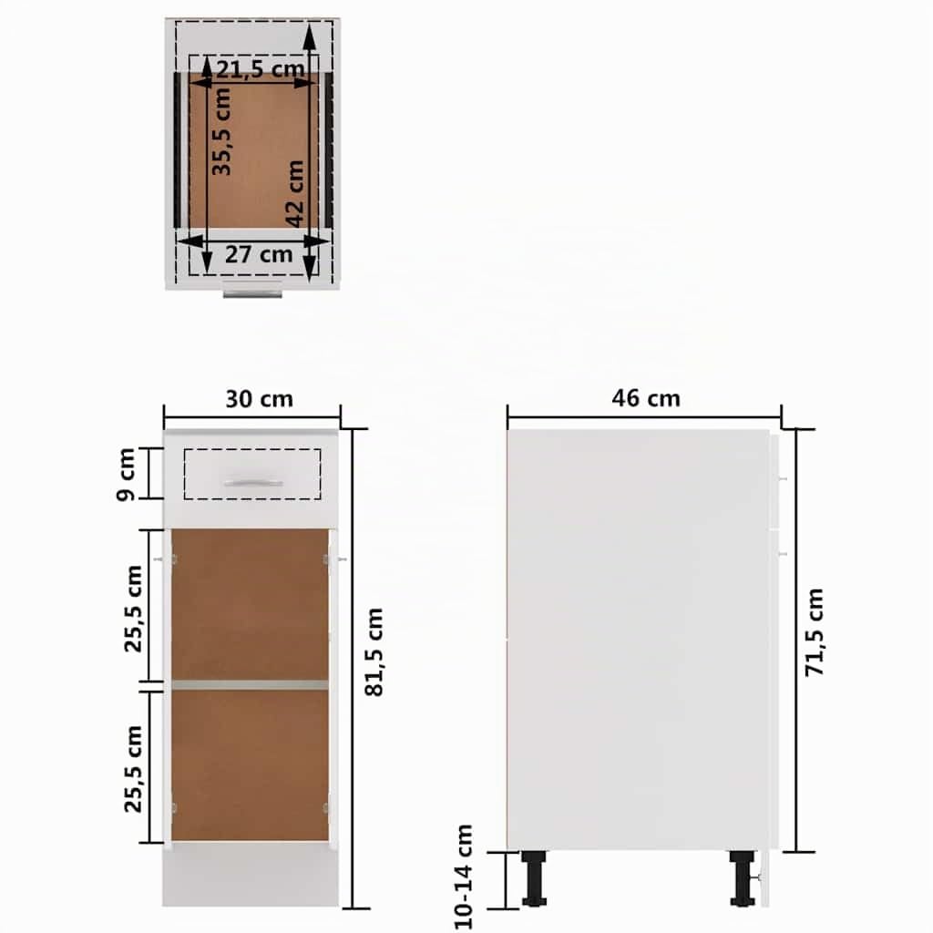 vidaXL Mueble bajo cajón 30x46x81,5 cm, Madera de ingeniería, Blanco, Almacenamiento baño & Cocina, Gabinete bajo Fregadero, Montable en Pared