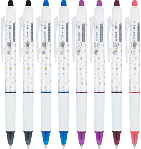Pilot, FriXion Clicker Erasable Gel Pens, Fine Point 0.7 mm, Dot-Patterned Barrels, Pack of 8, Assorted Colors