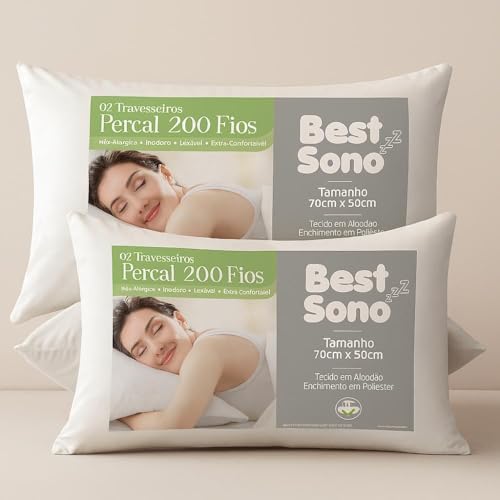 Kit Com 02 Travesseiro Percal 200 Fios - Algodão Extra Macio Fibr...