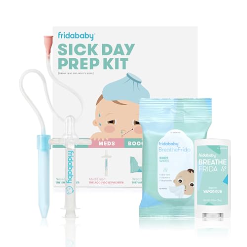 Frida Baby Sick Day Prep Kit, Sick Baby Essentials Includes NoseFrida Nasal Aspirator, MediFrida Pacifier Medicine Dispenser, Breathefrida Vapor Chest Rub + Snot Wipes, Soothe Stuffy Noses for Babies