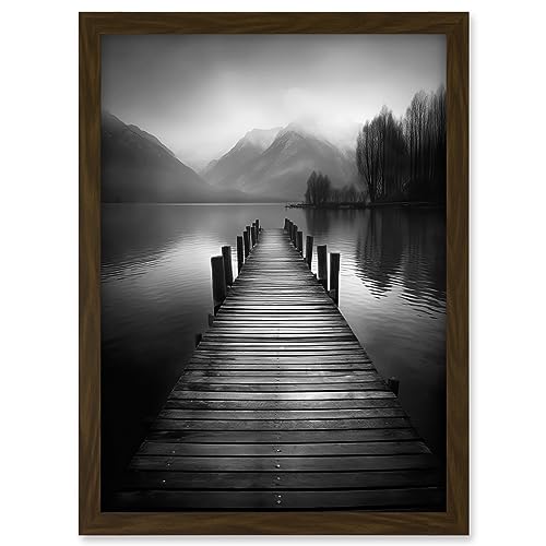 Artery8 Lake Pier Mountain Landscape Black and White Photo Artwork Framed A3 Wall Art Print