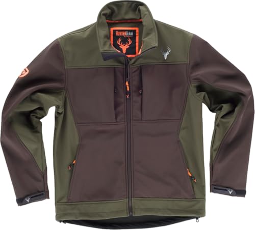 WORKTEAM Chaqueta Softshell especial Caza y pesca, Cuello Alto, Multibolsillos con Cremalleras Invertidas, Ajuste en Puños y Bajo. Unisex Marron+Verde Caza-3XL