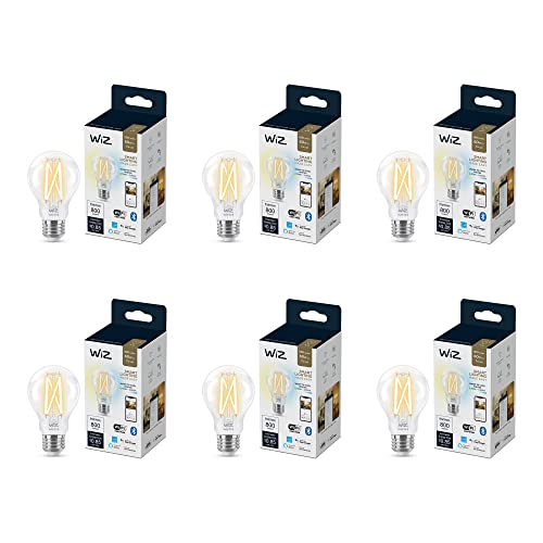 WiZ Connected Tunable White 60W A19 Clear Filament LED Lamp, 2700K - 5000K, Smart Control with WiZ App, Compatible with Alexa, Google Assistant, and Siri Shortcuts, No Hub Required, 6 Bulbs