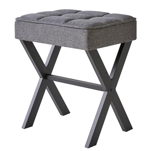 IBUYKE Quadratischer Make-up Hocker mit X-Bein Fußstütze, Leinen Fußstütze, Ottoman Sitz Eitelkeit Hocker, Multi-Use als Kleiner Beistelltisch, für Schlafzimmer, Wohnzimmer, grau L/G-70G