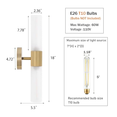 Image of BYOLIIMA Gold Knurled Texture Wall Sconce Frosted Glass Shade Modern Bathroom Vanity Light Fixtures 2-Lights Mid Century Wall Light for Mirror Living Room Hallway E26 T10 Bulbs(Excluded)