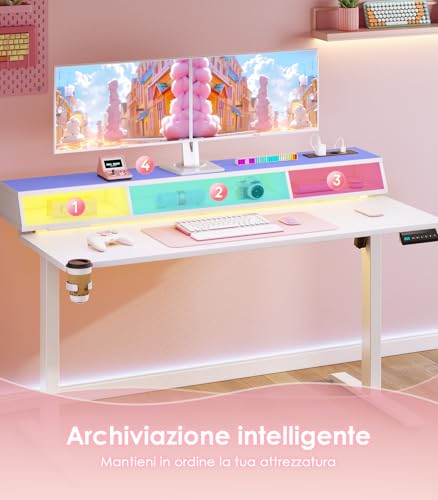Offigo Scrivania Gaming, 140Cm Scrivania Regolabile Con Led Rgb E Prese, Elettrica Standing Desk Con 3 Cassetti Aperti, Tavolo Con Porta Bicchiere E Ganci Per Cuffie, Fibra Di Carbonio, Bianca - 4