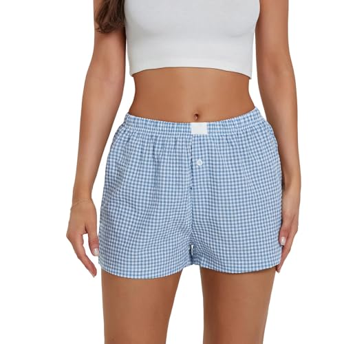 Image of Y2K Boxer Shorts for Womens Low Waist Plaid Lounge Shorts Elastic Cute Gingham Pajamas Bottoms