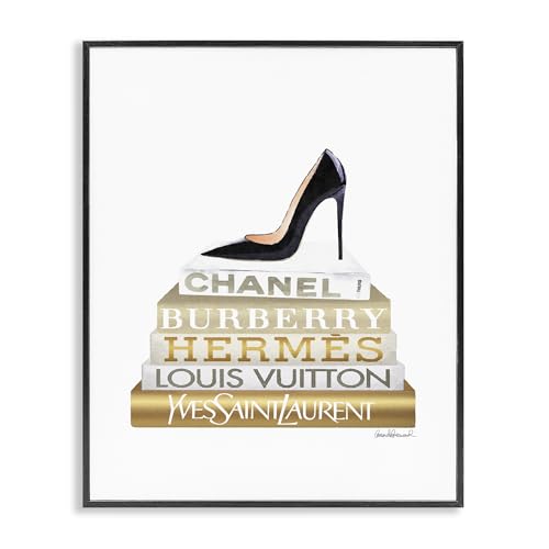Image of Stupell Industries 'Black Heels Gold White Bookstack', Framed Giclee Art, Black, 16 x 20 Inches, Easy to Hang and Sturdy, Made in USA, by Amanda Greenwood