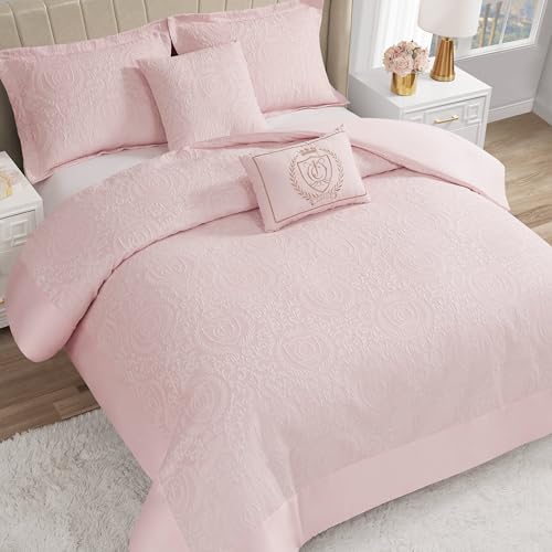 Image of Juicy Couture - Comforter Set, Dovona Design Bed Sheets, Queen Bedding, 5 Piece Set Includes 1 Comforter, 2 Shams and 2 Decorative Pillows, Wrinkle Resistant and Anti Pilling,Pink Blush