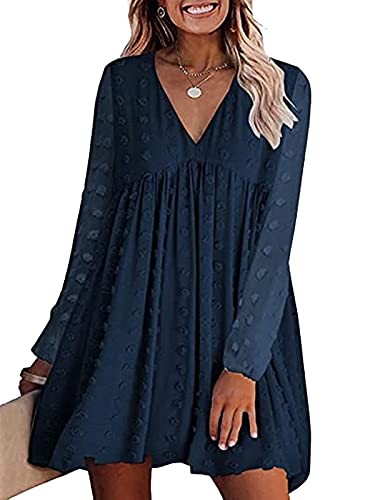 Women’s Sexy V Neckline Long See Though Sleeves Solid Chiffon Lace Swiss Dots for Wedding Maxi Dress Navy Blue M