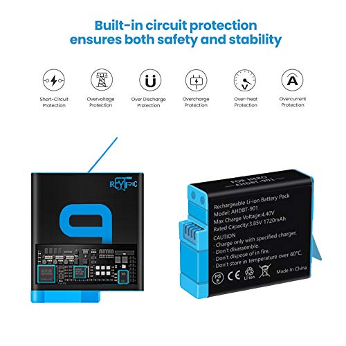 REYTRIC Hero 9/10 Replacement Batteries 3-Pack and 3-Channel USB Charger Compatible with GoPro Hero 9 Black, GoPro Hero 10 Black AHDBT-901 (Fully Compatible with GoPro9 GoPro10 Battery and Charger) - Thumbnail 3