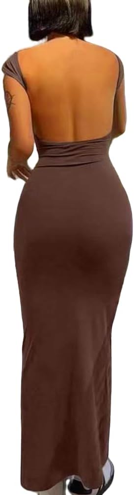 AYWA Womens Sexy Backless Maxi Dress Casual Bodycon Boat Neck Short Sleeve Party Club Long Dresses
