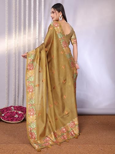 Image of SWORNOF Gold-Toned Woven Design Silk Zari Tissue Saree | Saree for Women | Soft and Skin Friendly